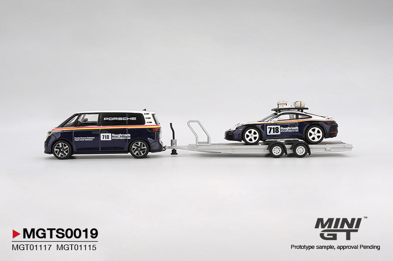Chargez l&#39;image dans la visionneuse de la galerie, SET PORSCHE 911 DAKAR #718 + VOLKSWAGEN ID. BUZZ PORSCHE CENTRUM GELDERLAND ROUGHROADS 2025 (LHD) MINI GT 1:64
