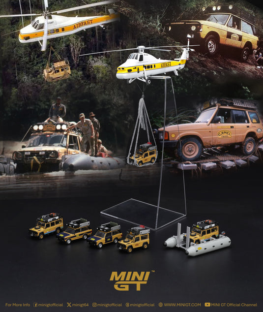 LAND ROVER DEFENDER 90 ÉQUIPE CAMEL TROPHY BRÉSIL CAMEL TROPHY BORNEO 1985 MINI GT 1:64