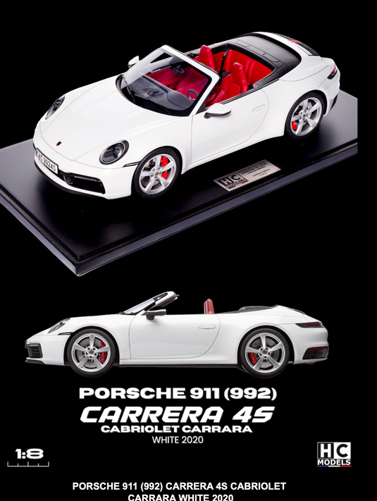 Porsche 911 (992) CARRERA 4S Cabriolet 2020 WIT (BEPERKTE EDITIE 25 stuks) HC MODELS 1:8