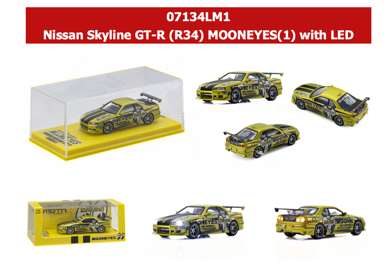 Load image into Gallery viewer, NISSAN SKYLINE GT-R (R34) MOONEYES 1 WITH LED 2026 + MOTN LED BASE SYSTEM BLACK 2025 KYOSHO 1:64

