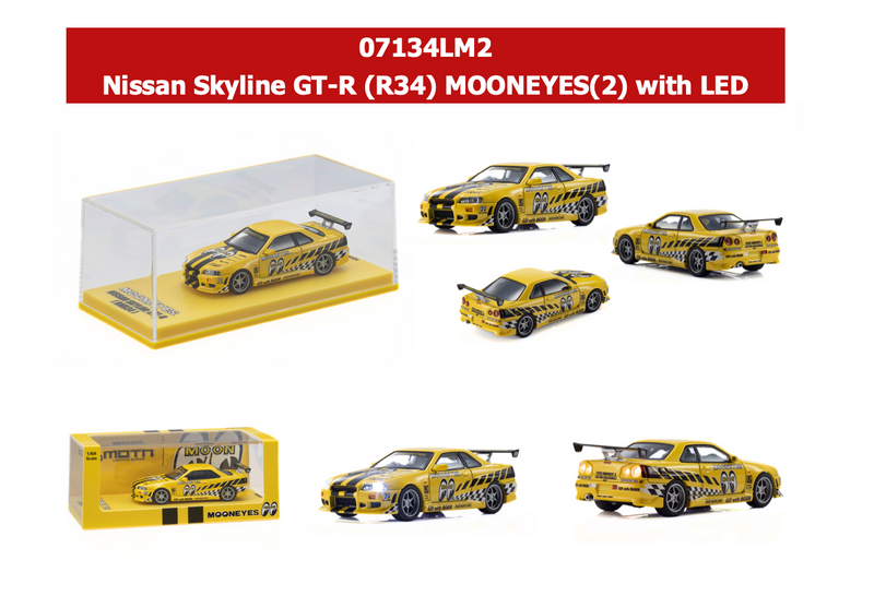 Chargez l'image dans la visionneuse de la galerie, NISSAN SKYLINE GT-R (R34) MOONEYES 1 AVEC LED 2026 + SYSTÈME DE SOCLE LED MOTN NOIR 2025 KYOSHO 1:64

