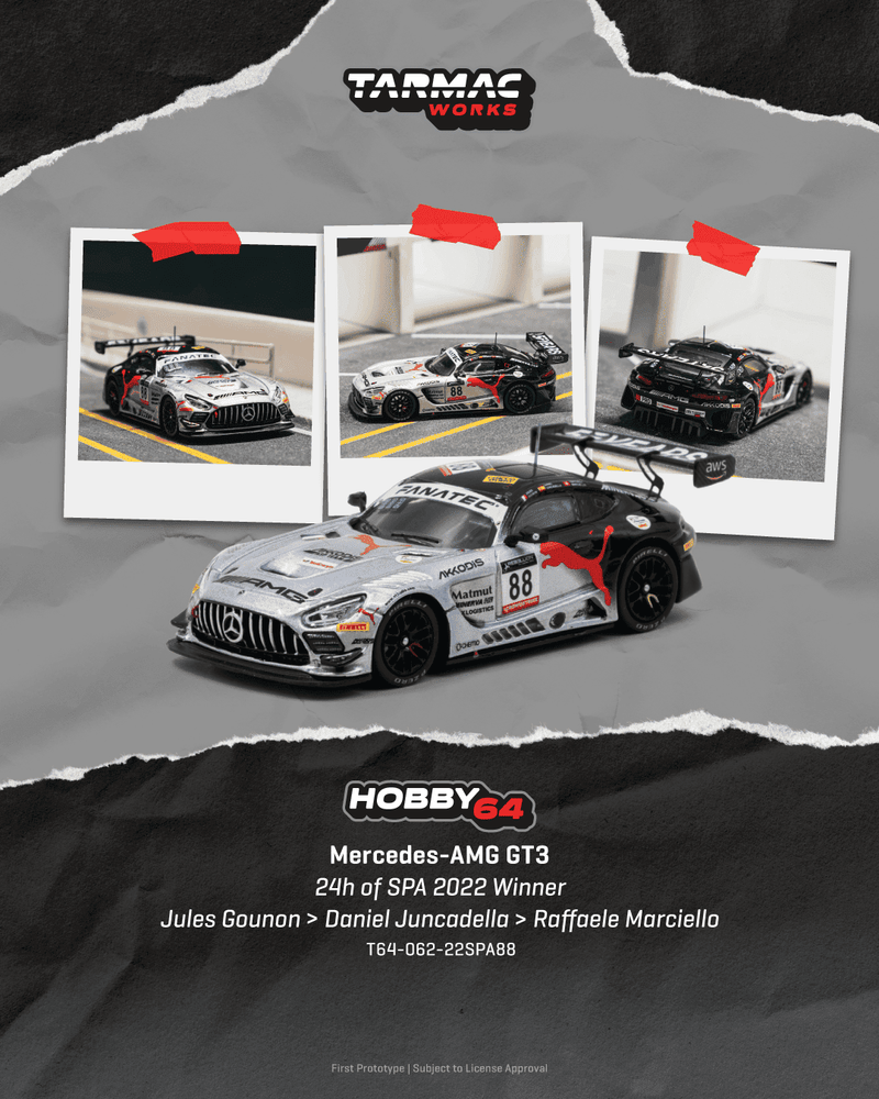 Laad de afbeelding in de Gallery-viewer, MERCEDES-BENZ AMG GT GT3 #88 JULES GOUNON 24H OF SPA WINNER 2022 TARMAC WORKS 1:64
