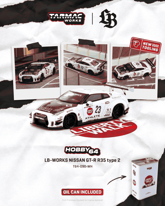 Nissan GT-R (R35) LB WORKS TYPE 2 WHITE ATHLETE X COLLET IN A LB LIMITED TIN CAN 2025 TARMAC WORKS 1:64