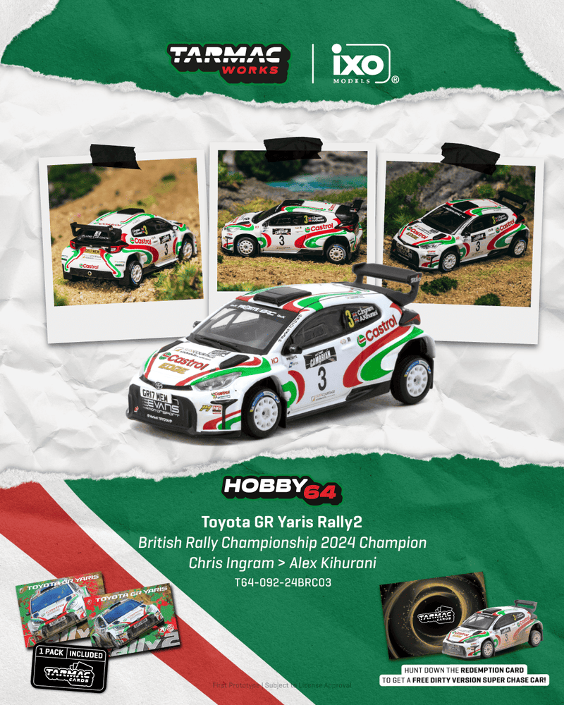 Load image into Gallery viewer, TOYOTA YARIS GR RALLY1 HYBRID #3 CHRIS INGRAM BRITISH RALLY CHAMPIONSHIP CHAMPION 2024 WITH TRADING CARDS TARMAC WORKS 1:64

