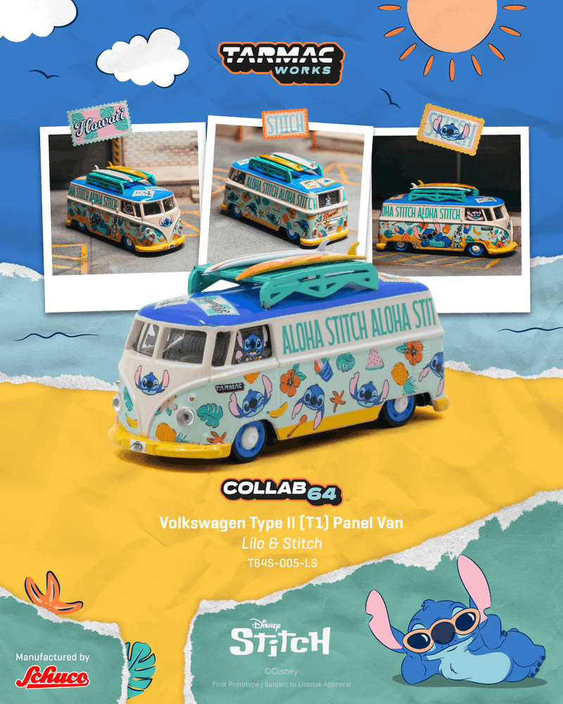 Laad de afbeelding in de Gallery-viewer, VOLKSWAGEN TRANSPORTER T1 PANEL VAN LILO &amp; STITCH 2025 TARMAC WORKS 1:64
