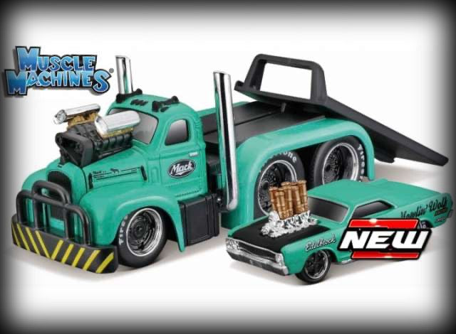 Laad de afbeelding in de Gallery-viewer, &lt;tc&gt;Mack B-61 FLATBED 1953 + DODGE DART HEMI GASSER 1968 Nr.09 MAISTO 1:64&lt;/tc&gt;
