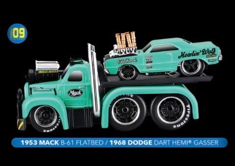 Laad de afbeelding in de Gallery-viewer, &lt;tc&gt;Mack B-61 FLATBED 1953 + DODGE DART HEMI GASSER 1968 Nr.09 MAISTO 1:64&lt;/tc&gt;
