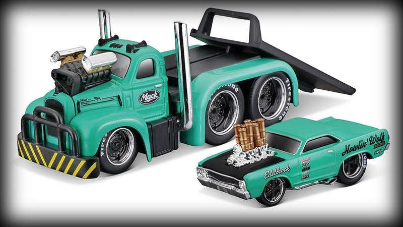 Laad de afbeelding in de Gallery-viewer, &lt;tc&gt;Mack B-61 FLATBED 1953 + DODGE DART HEMI GASSER 1968 Nr.09 MAISTO 1:64&lt;/tc&gt;
