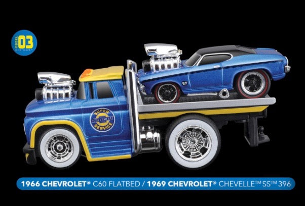 Laad de afbeelding in de Gallery-viewer, Chevrolet C60 FLATBED 1966 + Chevrolet CHEVELLE SS 396 1969 Nr.03 MAISTO 1:64 (6836514488425)
